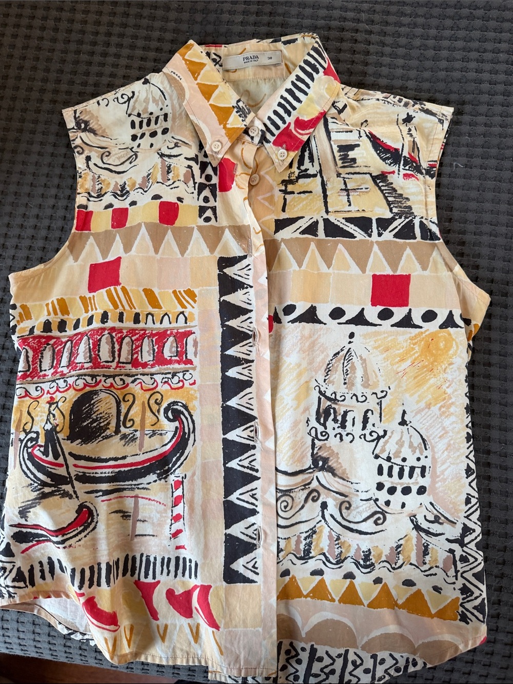 Prada Sleeveless Button-Down Shirt in Cream, Red & Gold Print